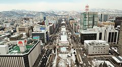 Vista di Odori Park a Sapporo durante il Sapporo Snow Festival con neve e montagne.