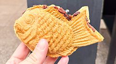 Un taiyaki tenuto in mano davanti all'insegna di Hakata Hiiragi Taiyaki a Fukuoka.