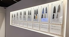 Esposizione di coltelli giapponesi con didascalie tecniche presso Tojiro Knife Gallery a Sennichimae Doguyasuji, Osaka.