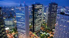 Vista notturna di Tokyo dall'alto con grattacieli illuminati.