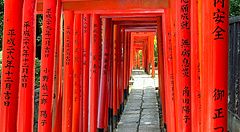 Un sentiero in pietra fiancheggiato da numerosi torii rossi verticali all'interno del Santuario Nezu a Tokyo.