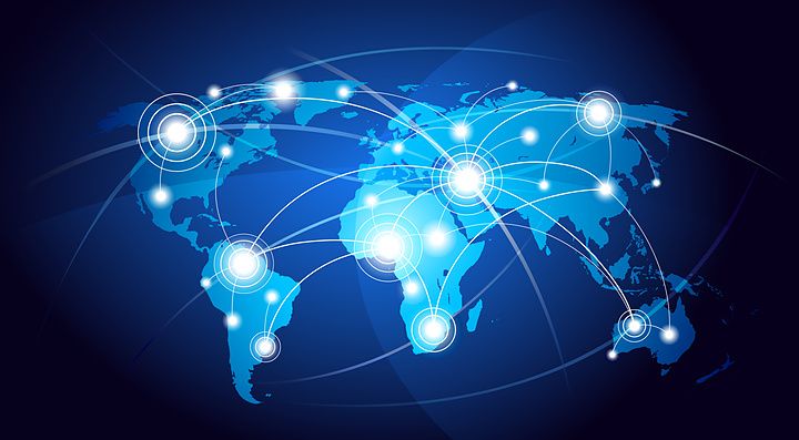 Mappa del mondo vettoriale con connessioni globali su sfondo blu.