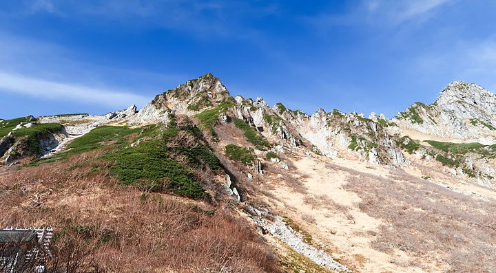 Veduta panoramica del versante roccioso e innevato del Monte Kisokoma, la montagna più alta delle Alpi Centrali.