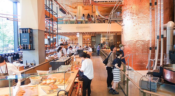 Interno dello Starbucks Reserve Roastery a Nakameguro con grandi tubi in rame, banconi e persone che visitano lo spazio.