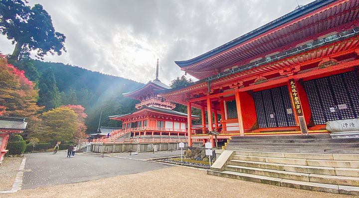 Veduta panoramica degli edifici in legno rosso davanti al tempio a Monte Hiei sotto un cielo coperto.