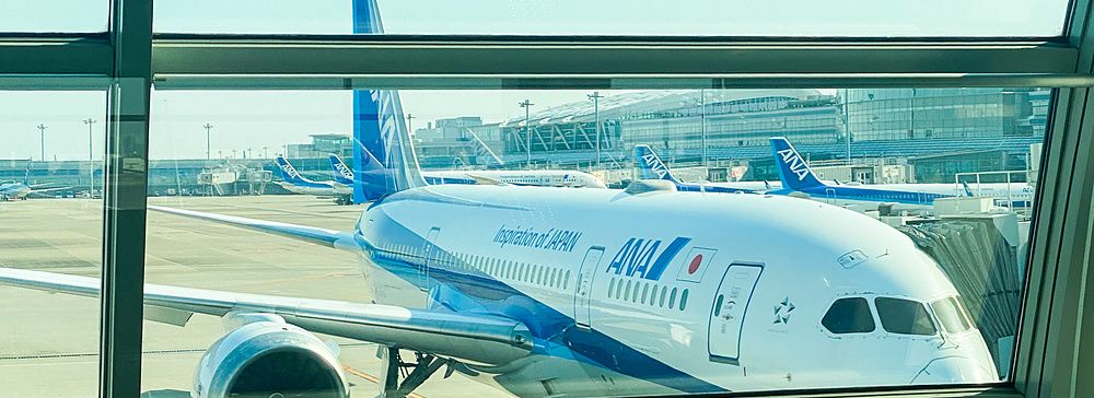 Aereo ANA parcheggiato al gate dell'aeroporto di Haneda visto attraverso una vetrata.