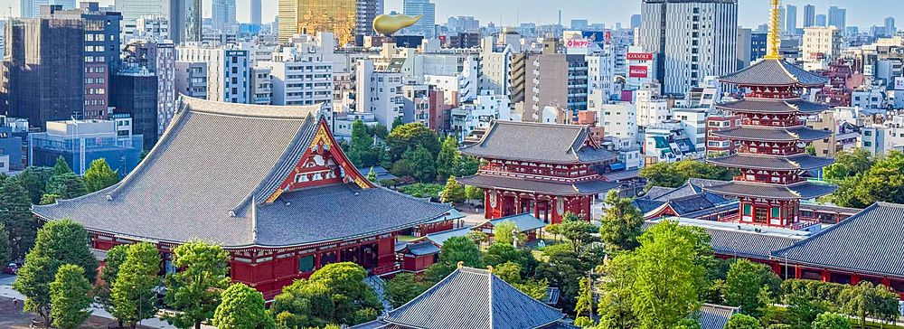 Veduta panoramica del tempio Senso-ji ad Asakusa con le sue pagode rosse circondate da alberi e grattacieli sullo sfondo.