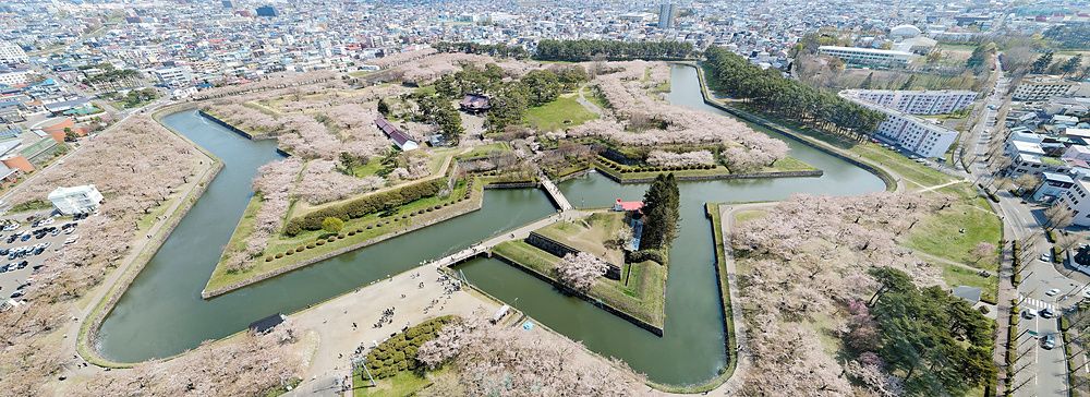 Vista aerea della fortezza a stella di Goryokaku a Hakodate con alberi di ciliegio in fiore e fossato d'acqua.