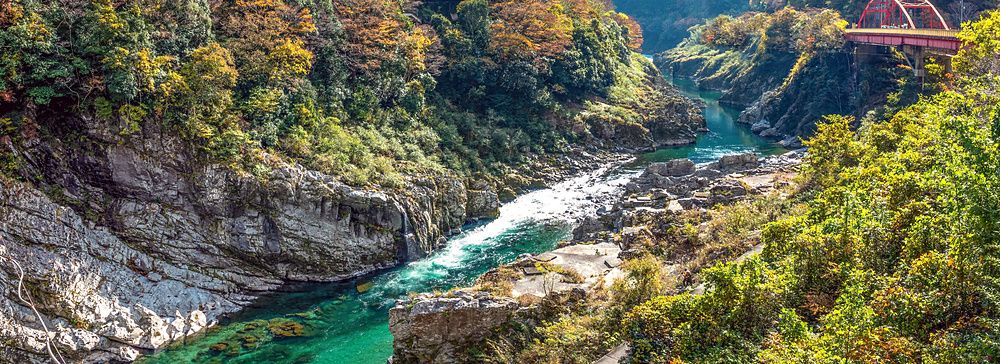 Veduta panoramica del fiume Iya che scorre nella gola Oboke-kyo con vegetazione autunnale e un ponte rosso in Giappone.