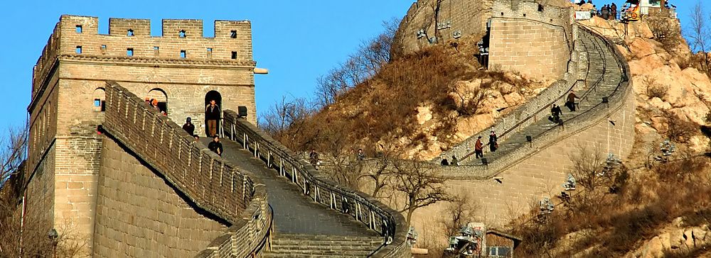Parte della Grande Muraglia Cinese con torri e persone in cammino.