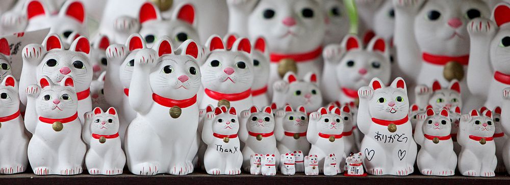 Statue di gatti portafortuna bianchi di diverse dimensioni disposte su una superficie al Tempio Gotokuji a Tokyo.