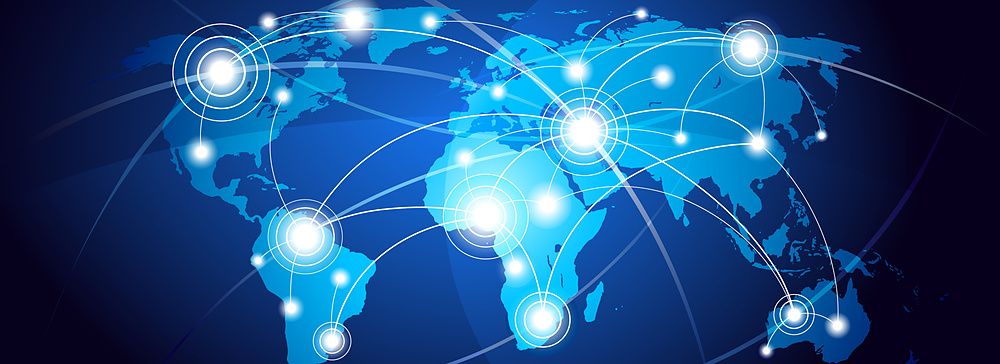 Mappa del mondo vettoriale con connessioni globali su sfondo blu.