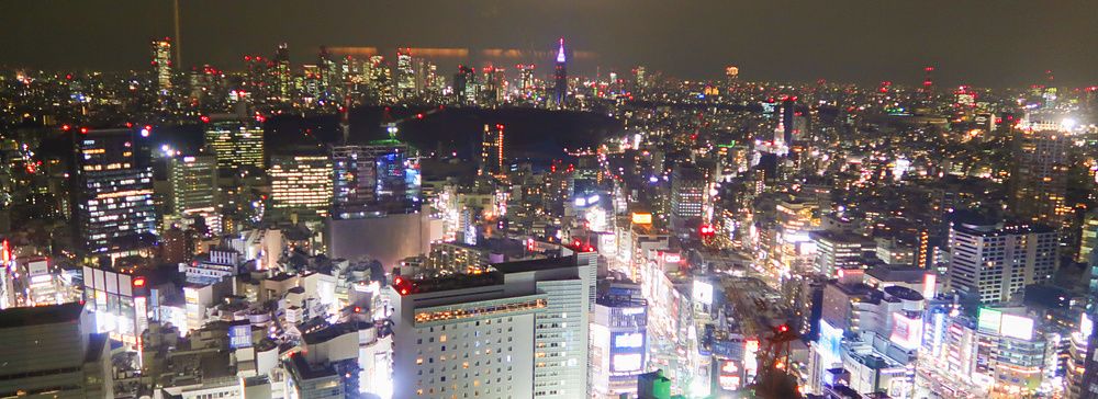 Vista notturna dello skyline di Tokyo catturata dalla finestra a Bar Bellovisto presso il Cerulean Tower Tokyu Hotel.