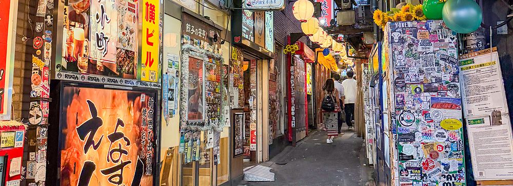 Ingresso illuminato di Omoide Yokocho a Shinjuku, Tokyo.