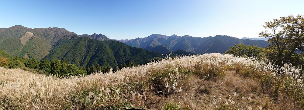 Veduta panoramica delle montagne di Omine Okugakemichi con campi di erba alta in primo piano sotto un cielo sereno.