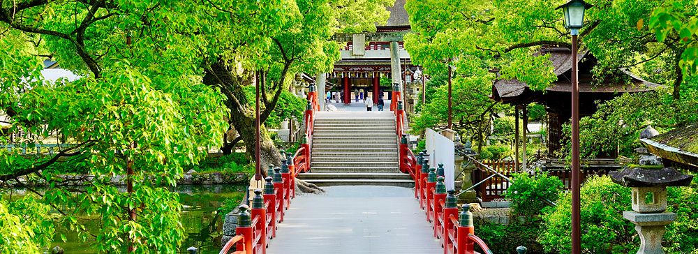 Ponte rosso ad arco che attraversa uno stagno in un parco alberato presso il santuario Dazaifu Tenmangu.