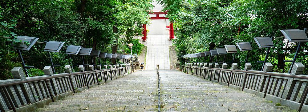 Ripida scalinata in pietra che scende verso un torii rosso circondato da alberi verdi al santuario di Atago a Tokyo.