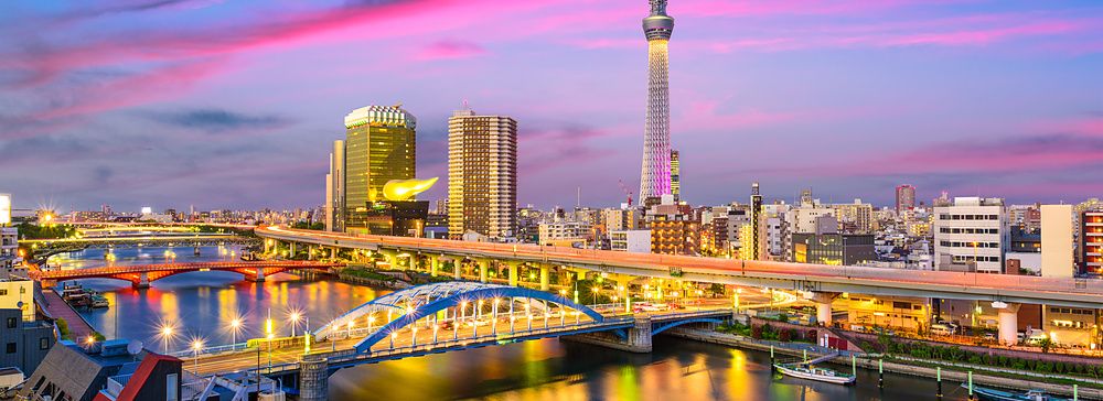 Skyline di Tokyo con il Tokyo Skytree al tramonto lungo il fiume Sumida.