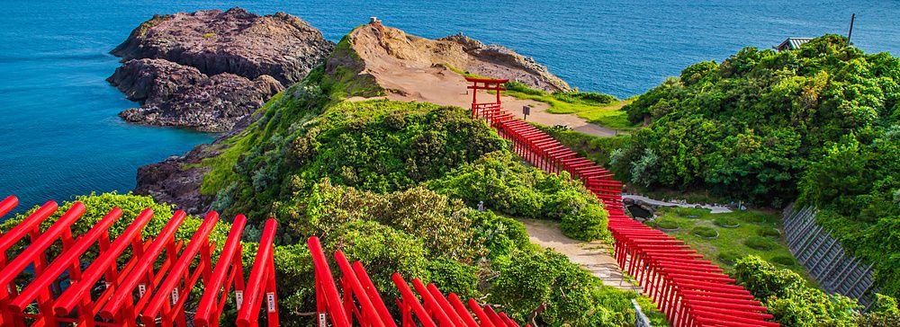 Una fila di torii rossi attraversa una collina verdeggiante sopra l'oceano in Giappone.