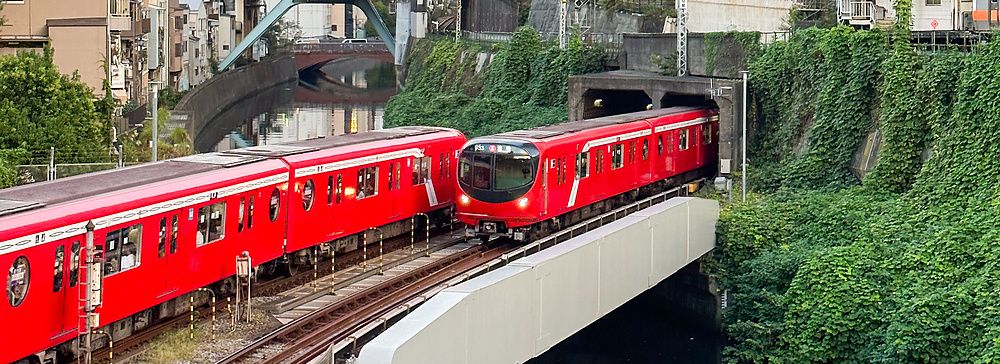 treni rossi su un ponte a Ochanomizu, Tokyo