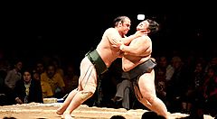 Due lottatori di sumo durante un incontro sul ring circondati dal pubblico.