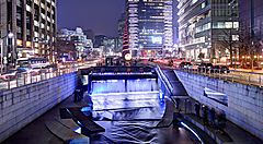 Il torrente Cheonggyecheon la sera.