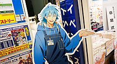 Cartonato di un personaggio anime con capelli azzurri in un negozio di fumetti e DVD.