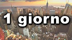 Skyline di New York al tramonto con testo "1 giorno".