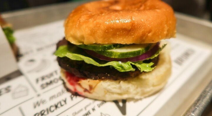 Un hamburger con lattuga, cipolla e cetriolo su un piatto.