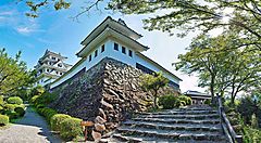 Il Castello di Gujo Hachiman circondato da alberi e giardini.