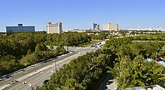 Strada circondata da alberi e grattacieli in lontananza a Orlando.