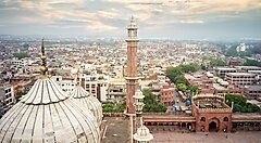 Vista panoramica di Nuova Delhi con minareti e architettura cittadina.
