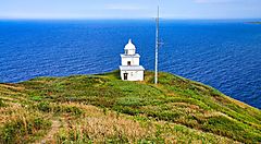 Faro sull'isola di Rishiri circondato dall'oceano e vegetazione.