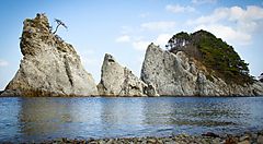 Scogliere rocciose di Jodogahama con pini sullo sfondo e mare calmo.