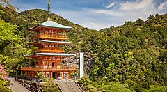 Pagoda del Santuario Nachi Taisha con cascata e foresta.