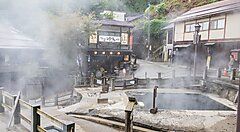 Strada tradizionale di Nozawa Onsen con sorgenti termali e edifici in legno.