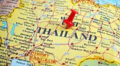 Mappa dettagliata della Thailandia con spillo rosso su di essa.