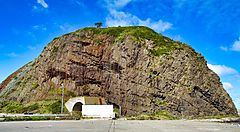Roccia di Oronko, una grande formazione rocciosa con vegetazione sulla cima sotto un cielo blu.
