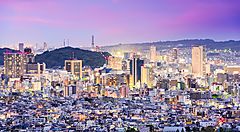 Veduta notturna della città di Shizuoka con grattacieli illuminati.