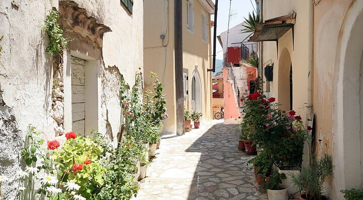 Stradina pittoresca a Corfù con vasi di fiori lungo le case.