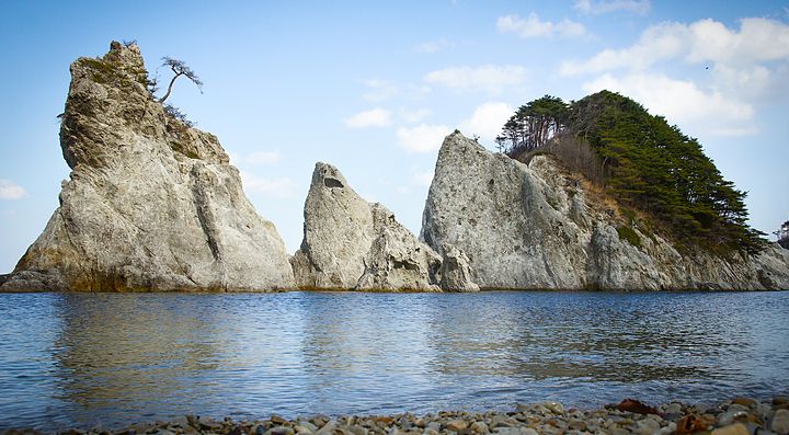 Scogliere rocciose di Jodogahama con pini sullo sfondo e mare calmo.
