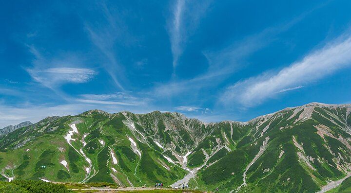 Paesaggio montano a Murodo con cielo azzurro e nuvole.
