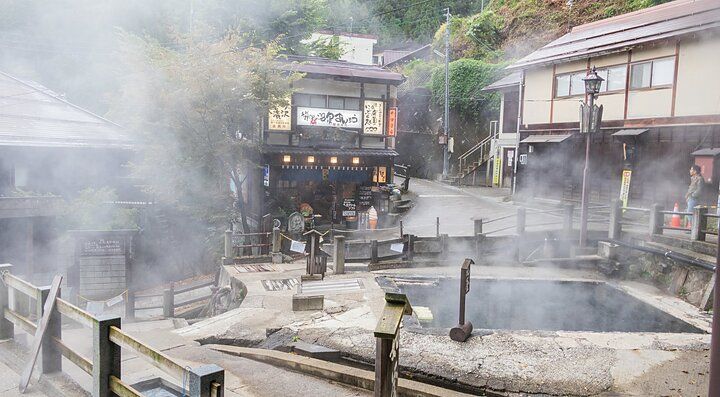 Strada tradizionale di Nozawa Onsen con sorgenti termali e edifici in legno.