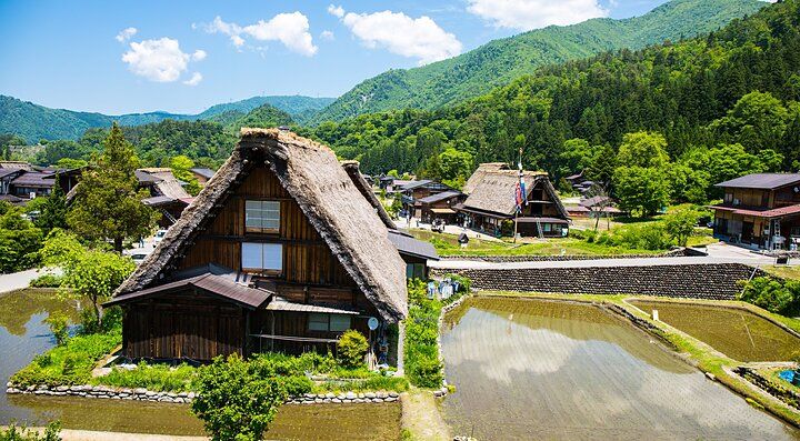Case tradizionali di Ogimachi con tetti di paglia tra risaie e montagne.