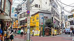 Strada commerciale nel quartiere Shimokitazawa, Tokyo, con negozi e passanti.