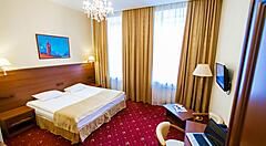 Camera dell'Agni Club Hotel a San Pietroburgo con letto matrimoniale e arredamento elegante.