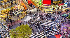 L'incrocio di Shibuya visto dall'alto, nel momento in cui attraversano centinaia di persone.