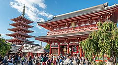 Tempio Senso-ji ad Asakusa, Tokyo, con turisti e cielo sereno.