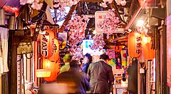 Lanterne tradizionali e persone nella zona di Omoide Yokocho di sera, ricca di ristorantini.
