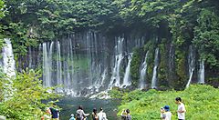 Cascata di Shiraito in Giappone circondata da vegetazione verde.